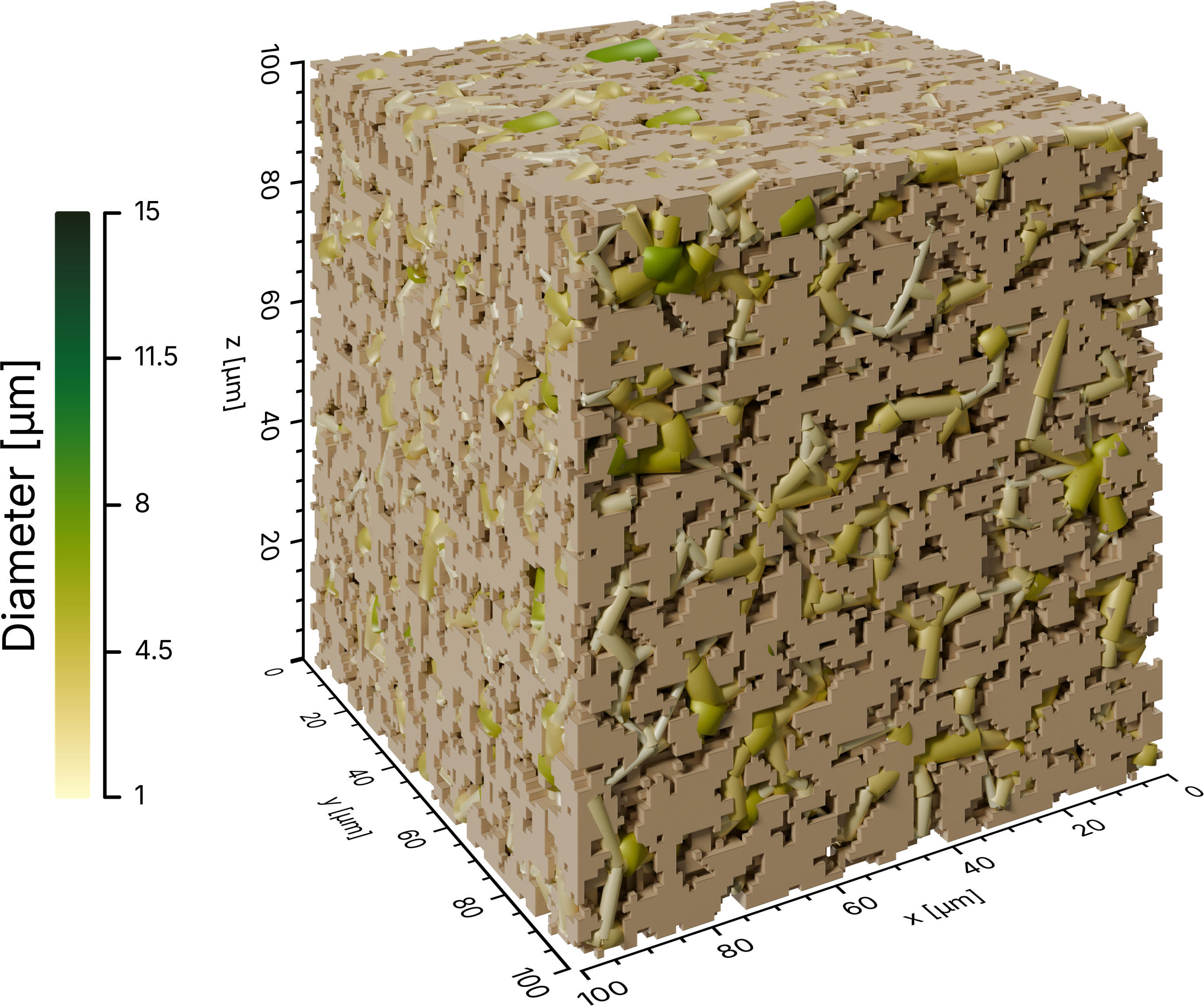 Pore network throats colored by radius, threaded through the solid phase